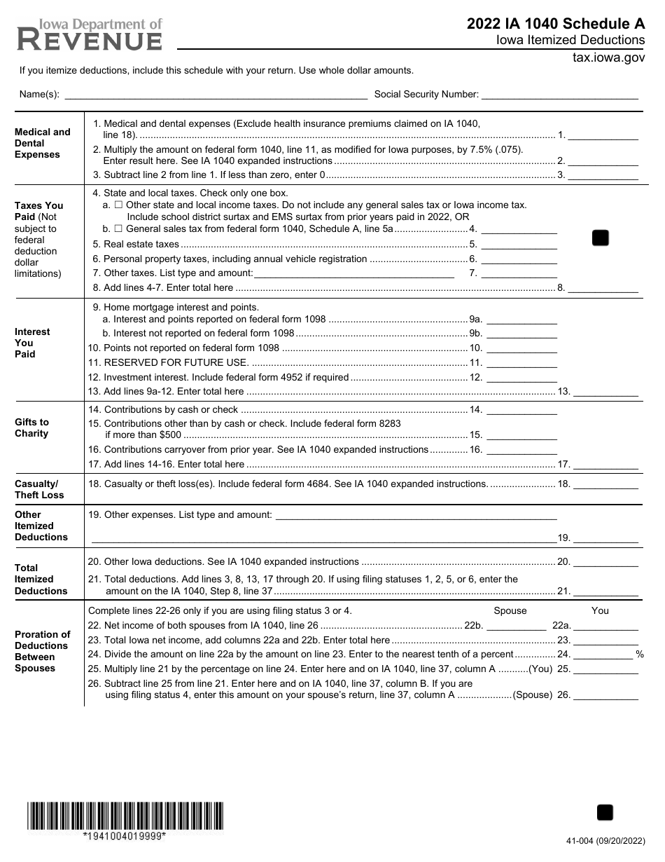 Form IA1040 (41-004) Schedule A Iowa Itemized Deductions - Iowa, Page 1