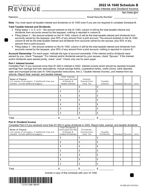 Form IA1040 (41-029) Schedule B Iowa Interest and Dividend Income - Iowa, 2022