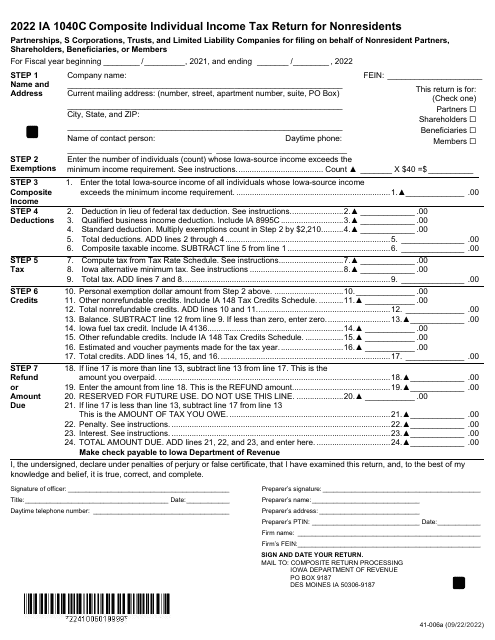 Form IA1040C (41-006) 2022 Printable Pdf