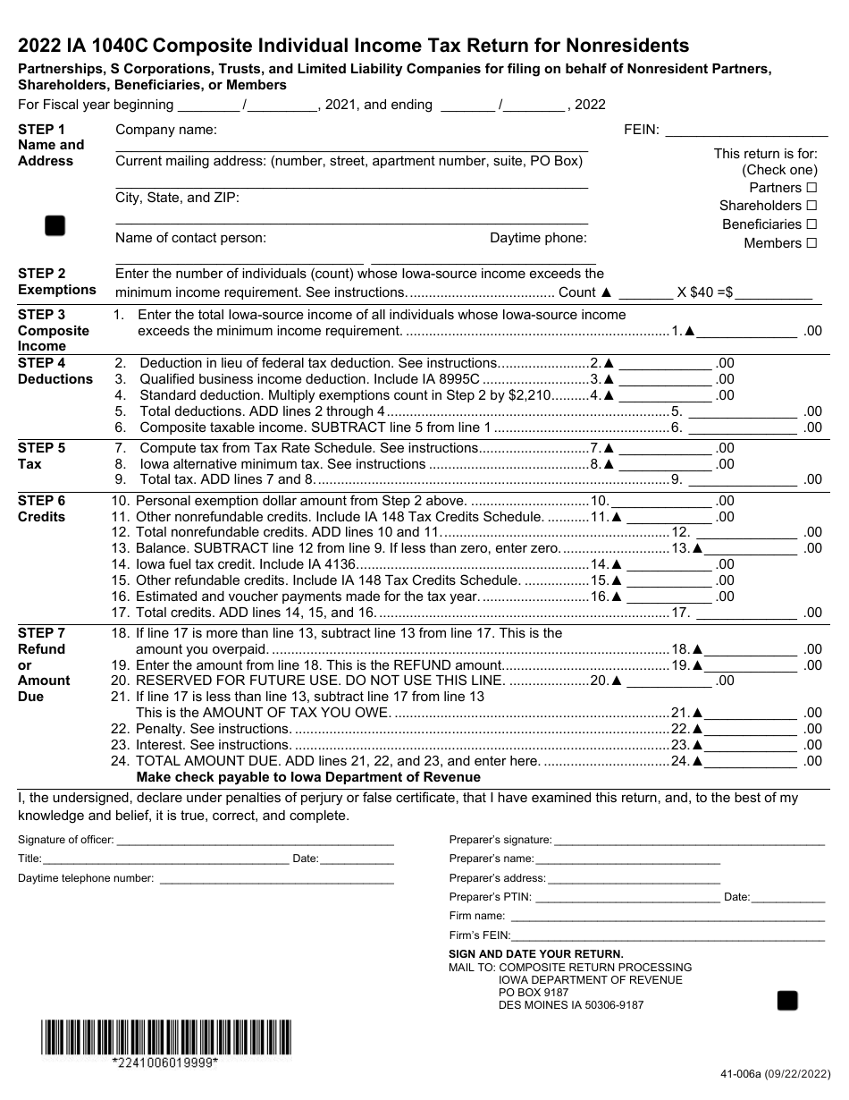 Form IA1040C (41-006) Composite Individual Income Tax Return for Nonresidents - Partnerships, S Corporations, Trusts, and Limited Liability Companies for Filing on Behalf of Nonresident Partners, Shareholders, Beneficiaries, or Members - Iowa, Page 1