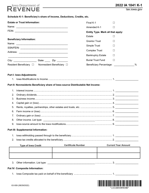 Form IA1041 (63-009) Schedule K-1 2022 Printable Pdf