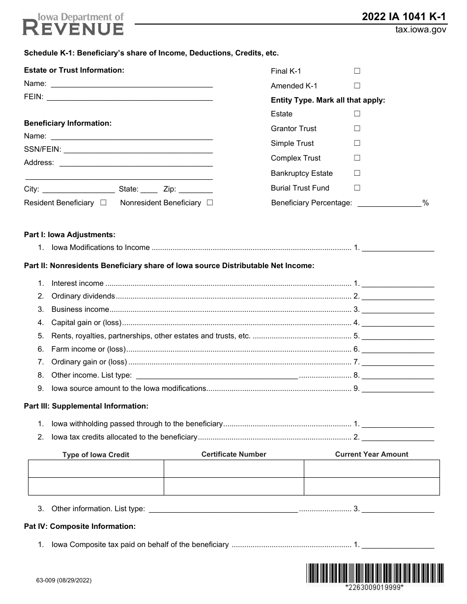 Form IA1041 (63-009) Schedule K-1 Beneficiarys Share of Income, Deductions, Credits, Etc - Iowa, Page 1