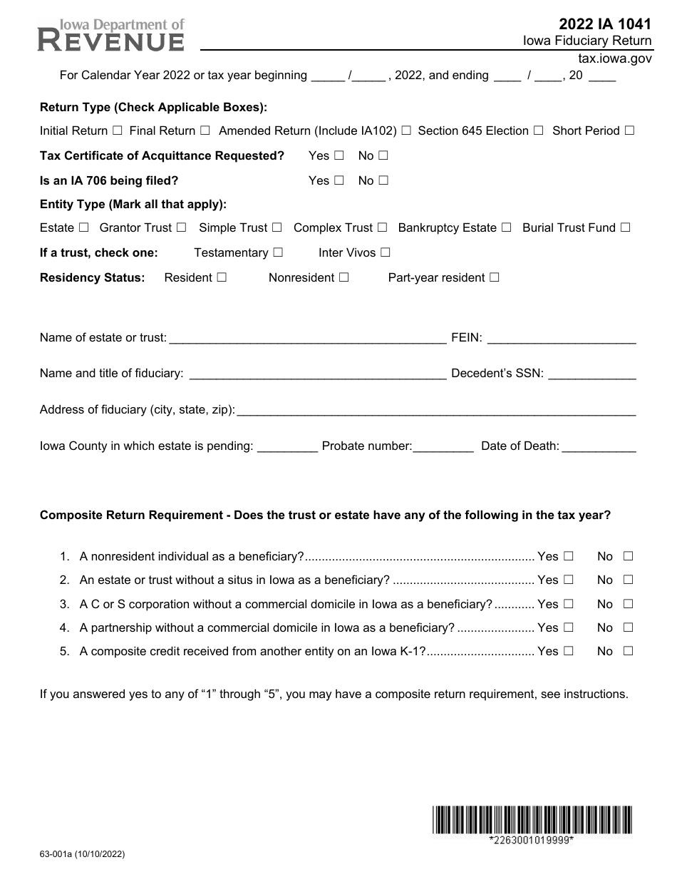 Form IA1041 (63-001) Iowa Fiduciary Return - Iowa, Page 1