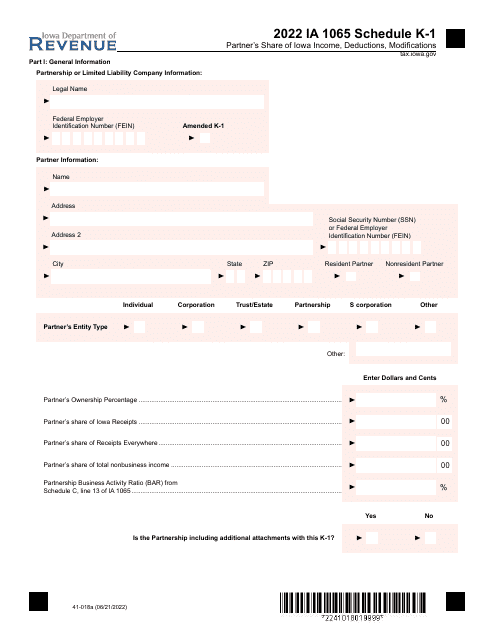 Form IA1065 (41-018) Schedule K-1 2022 Printable Pdf