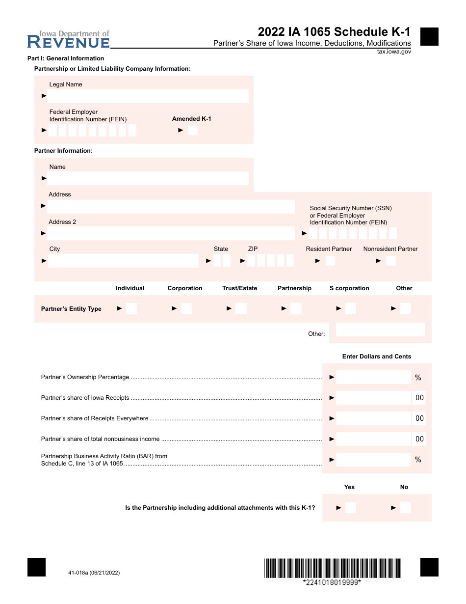 Form IA1065 (41-018) Schedule K-1 Partner's Share of Iowa Income, Deductions, Modifications - Iowa, Page 1