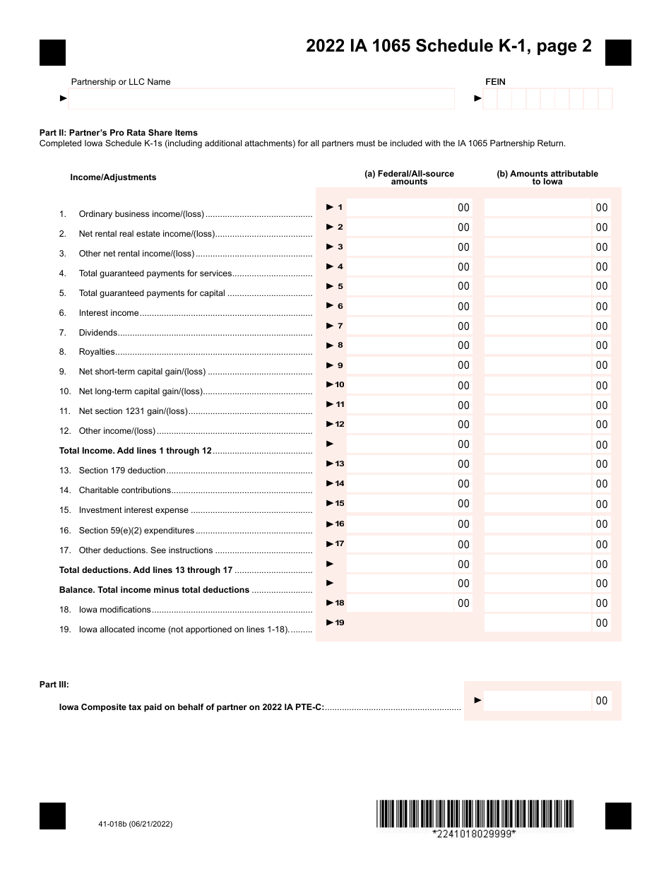 Form IA1065 (41-018) Schedule K-1 Partners Share of Iowa Income, Deductions, Modifications - Iowa, Page 2