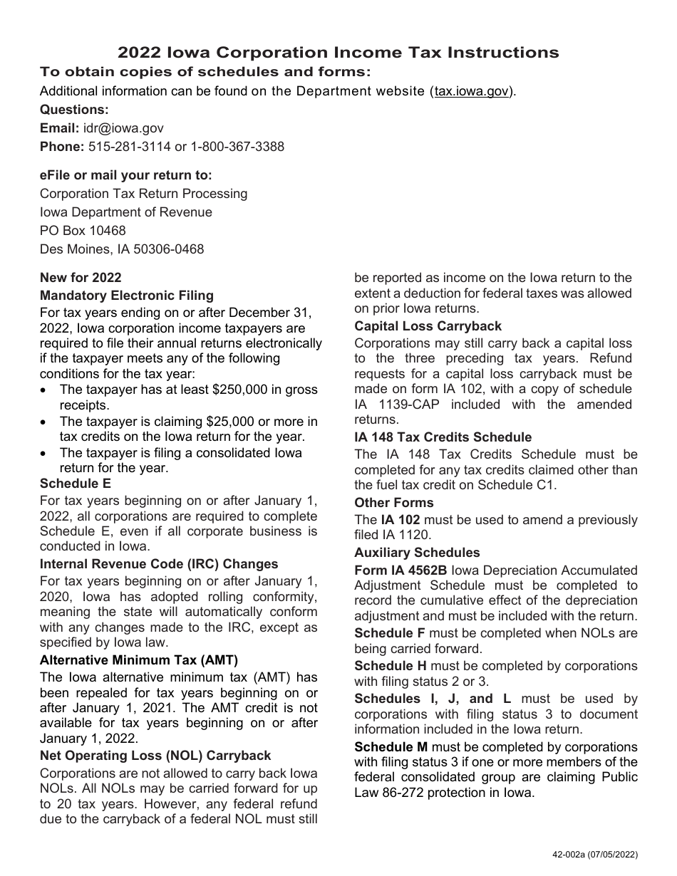 Instructions for Form IA1120, 42-001 Iowa Corporation Income Tax Return - Iowa, Page 1