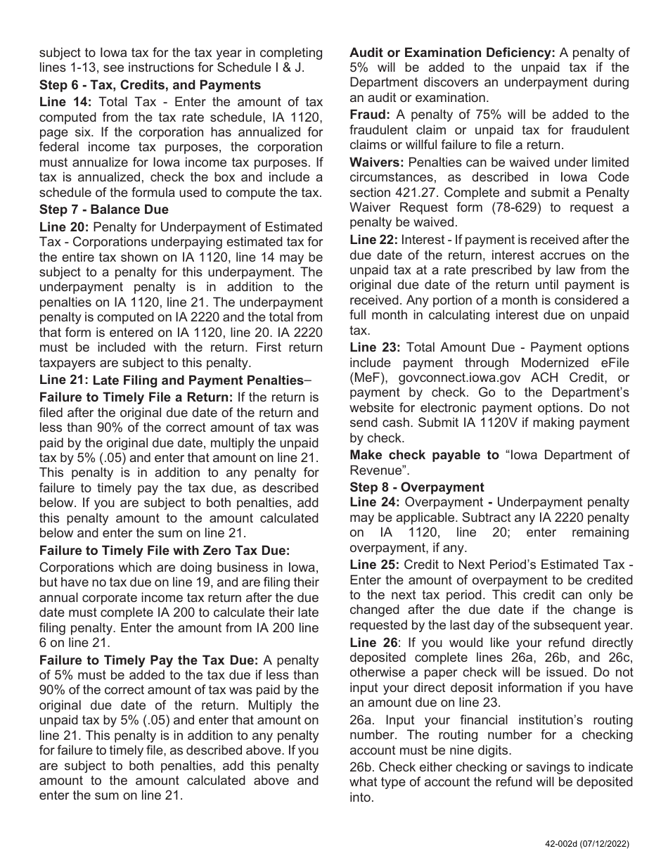 Instructions for Form IA1120, 42-001 Iowa Corporation Income Tax Return - Iowa, Page 4