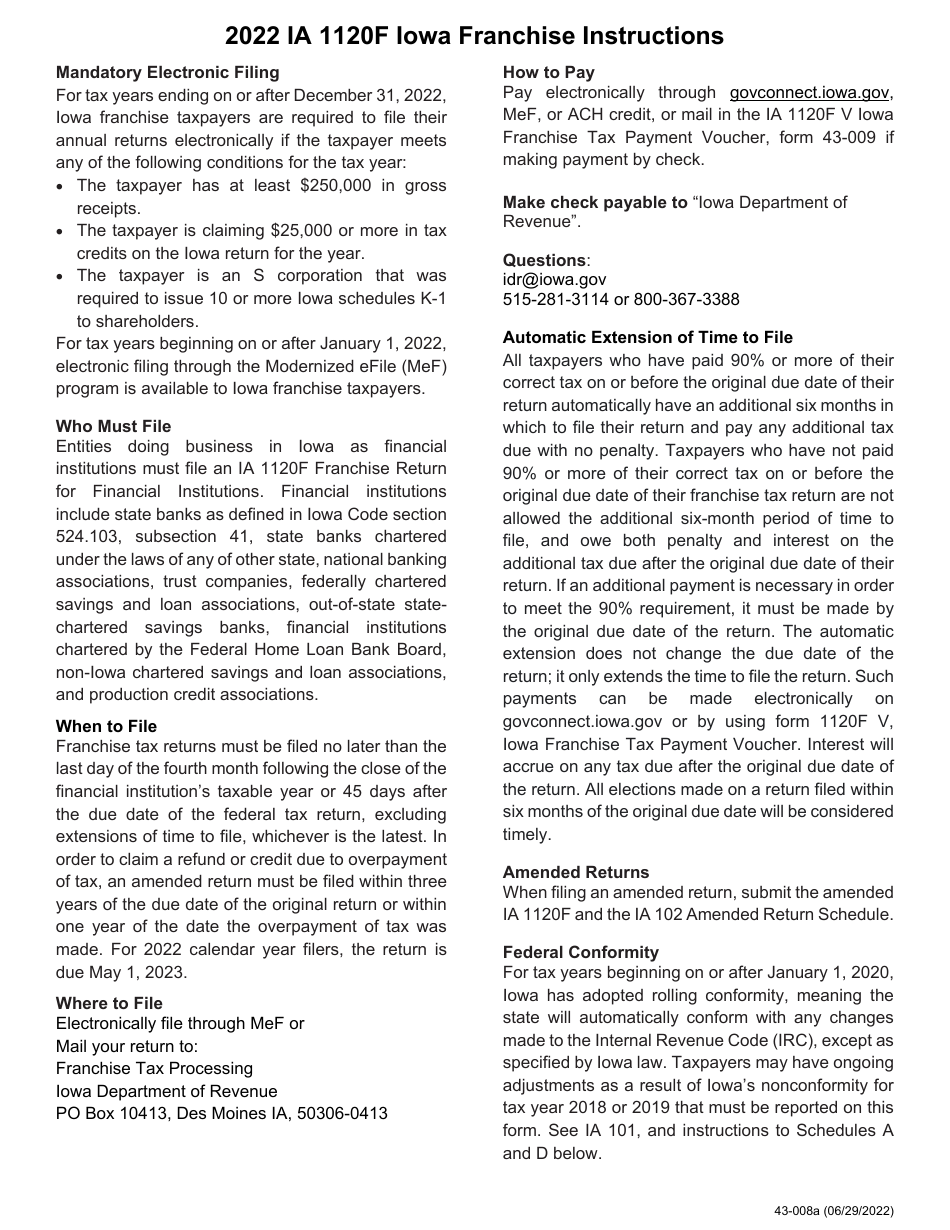 Instructions for Form IA1120F, 43-001 Franchise Return for Financial Institutions - Iowa, Page 1