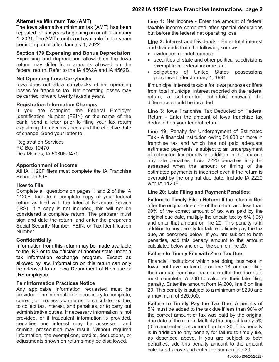 Instructions for Form IA1120F, 43-001 Franchise Return for Financial Institutions - Iowa, Page 2