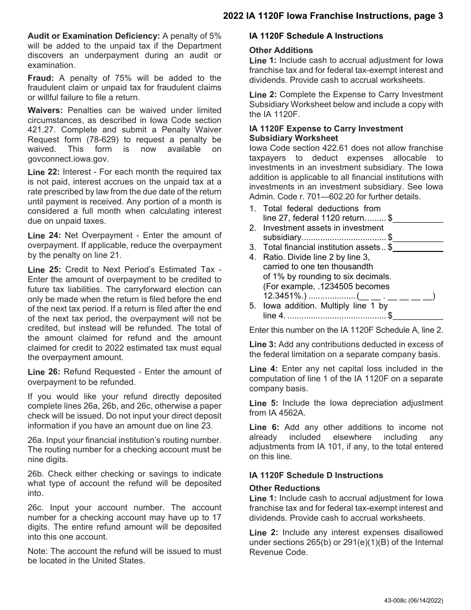 Instructions for Form IA1120F, 43-001 Franchise Return for Financial Institutions - Iowa, Page 3