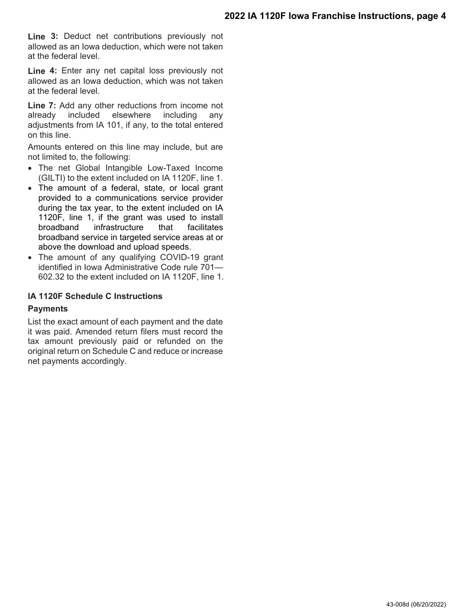 Instructions for Form IA1120F, 43-001 Franchise Return for Financial Institutions - Iowa, Page 4