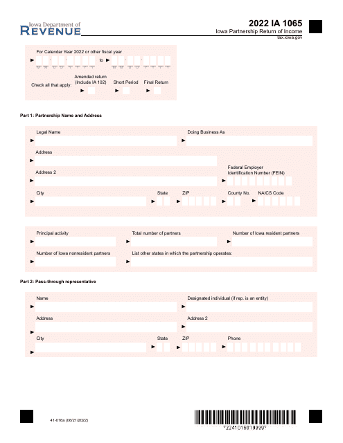 Form IA1065 (41-016) 2022 Printable Pdf