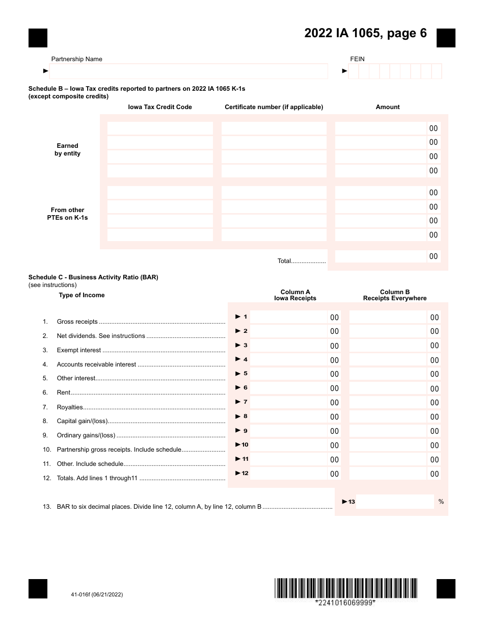 Form IA1065 (41-016) Iowa Partnership Return of Income - Iowa, Page 6