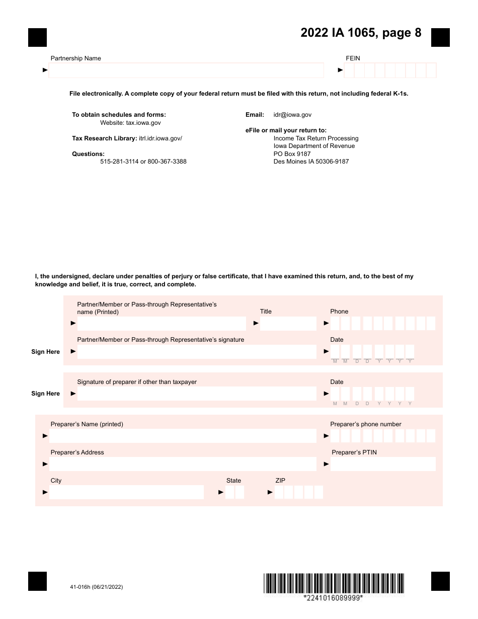 Form IA1065 (41-016) Iowa Partnership Return of Income - Iowa, Page 8