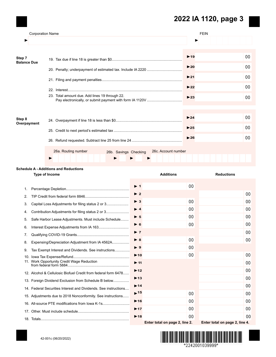 Form IA1120 (42-001) Iowa Corporation Income Tax Return - Iowa, Page 3