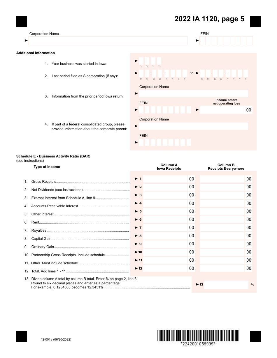 Form IA1120 (42-001) Iowa Corporation Income Tax Return - Iowa, Page 5