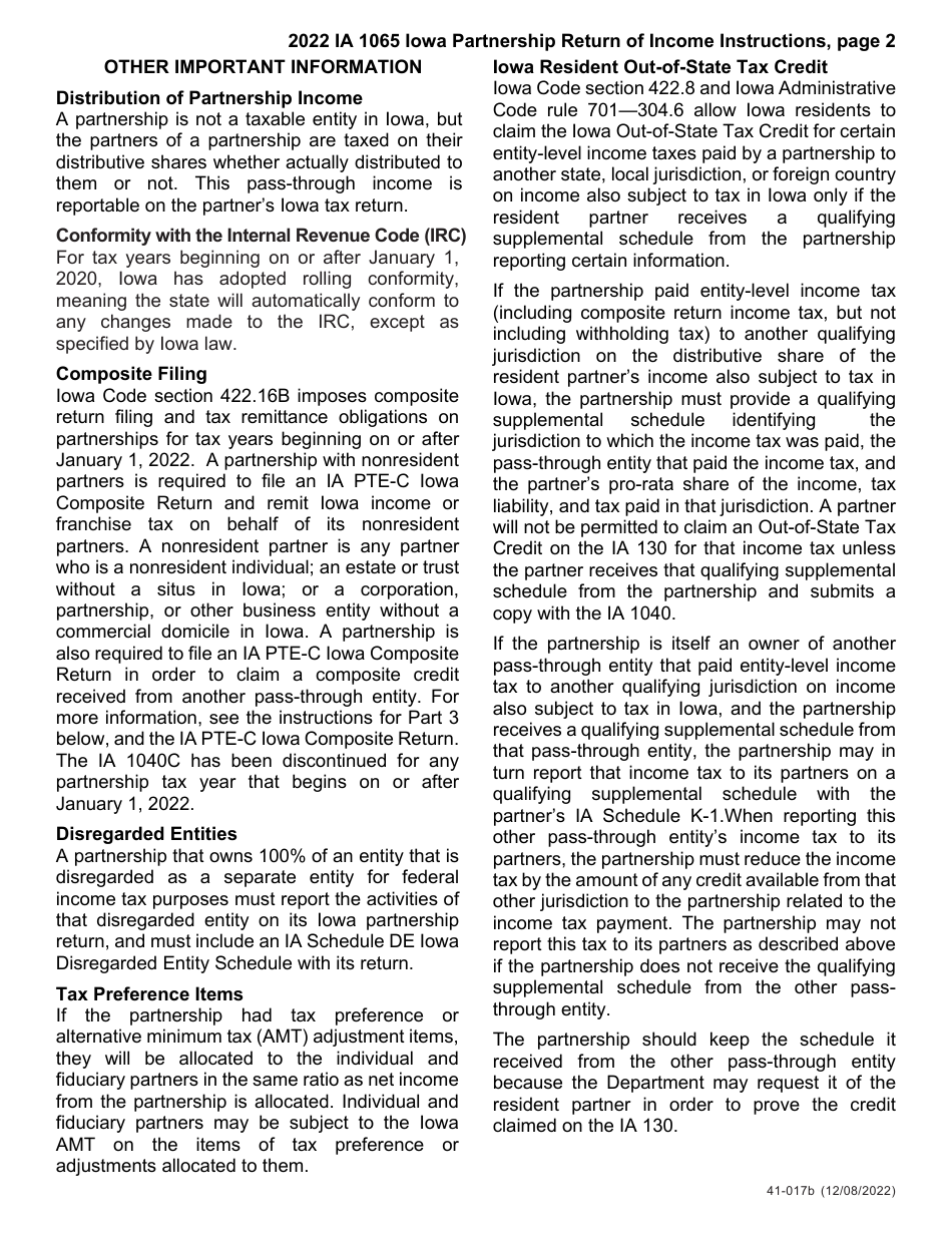 Instructions for Form IA1065, 41-016, 41-018 Schedule K-1 - Iowa, Page 2