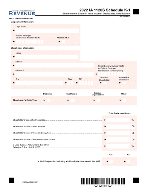 Form IA1120S (42-008) Schedule K-1 2022 Printable Pdf