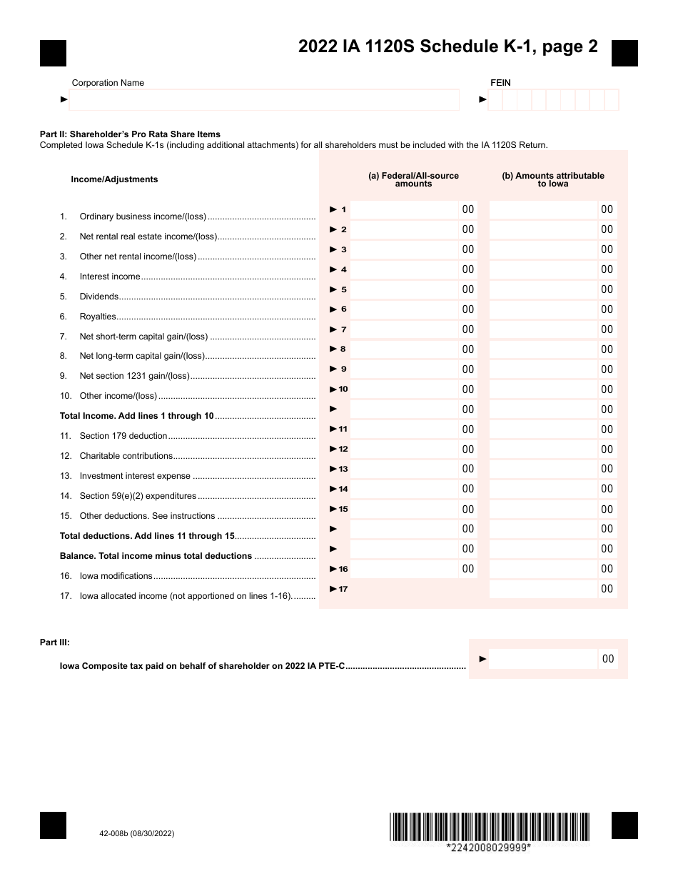Form IA1120S (42-008) Schedule K-1 Shareholders Share of Iowa Income, Deductions, Modifications - Iowa, Page 2