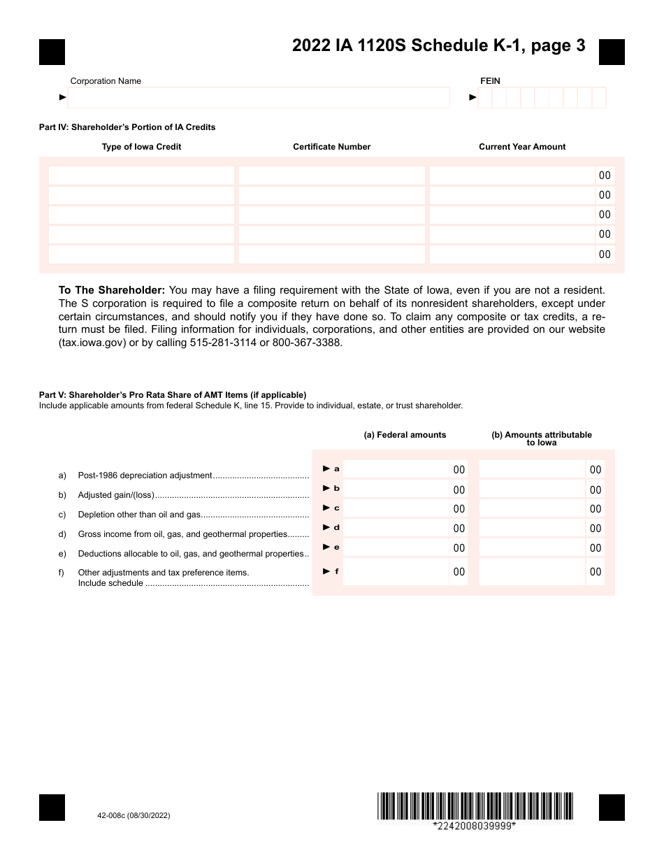Form IA1120S (42-008) Schedule K-1 Shareholders Share of Iowa Income, Deductions, Modifications - Iowa, Page 3
