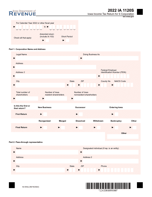 Form IA1120S (42-004) 2022 Printable Pdf