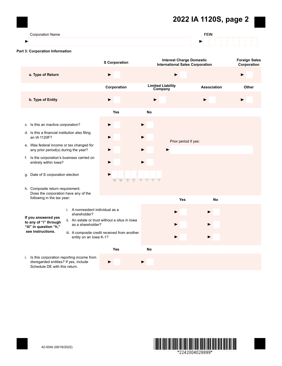Form IA1120S (42-004) Iowa Income Tax Return for S Corporation - Iowa, Page 2