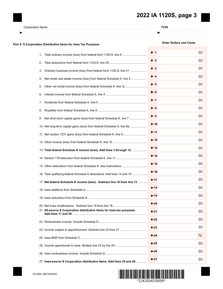 Form IA1120S (42-004) Iowa Income Tax Return for S Corporation - Iowa, Page 3