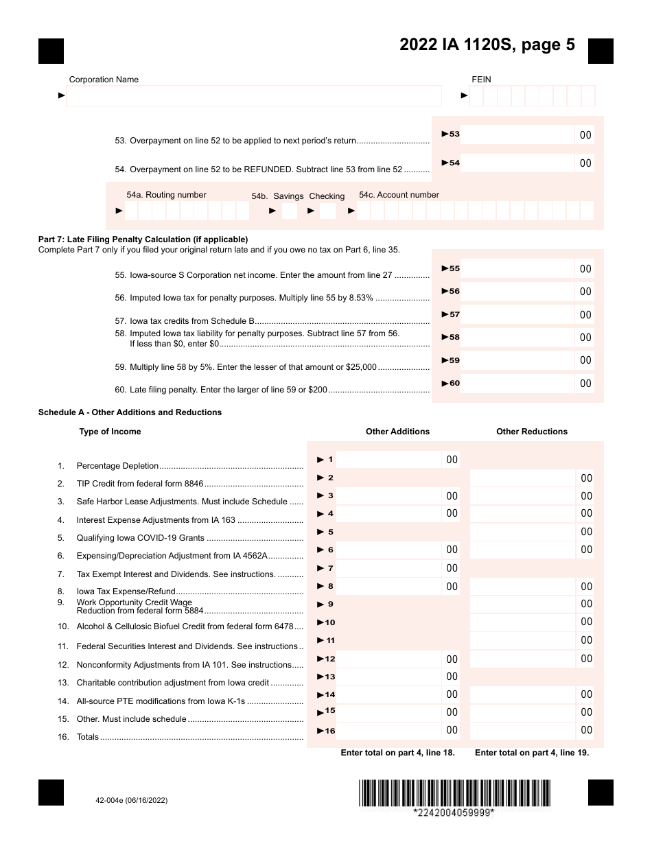 Form IA1120S (42-004) Iowa Income Tax Return for S Corporation - Iowa, Page 5