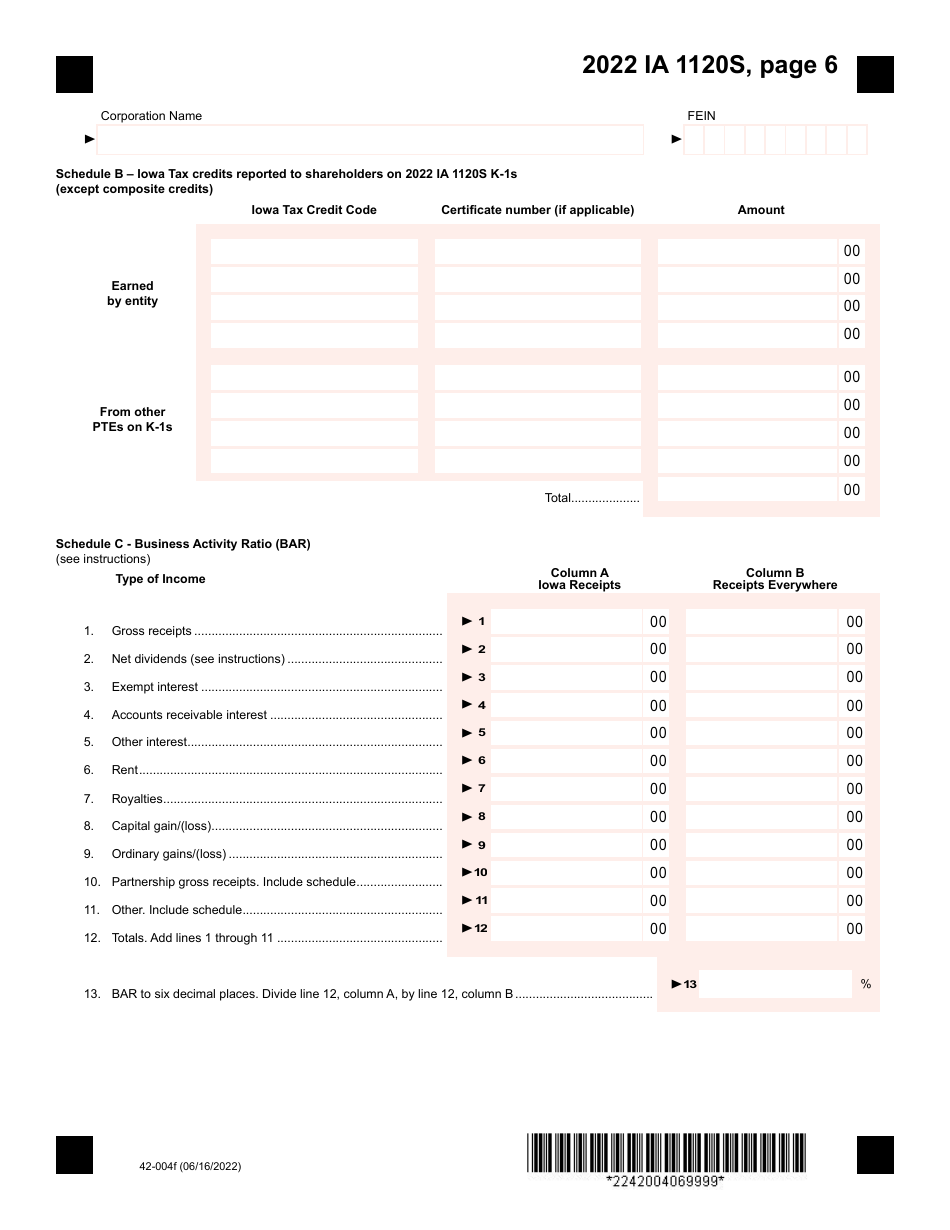Form IA1120S (42-004) Iowa Income Tax Return for S Corporation - Iowa, Page 6