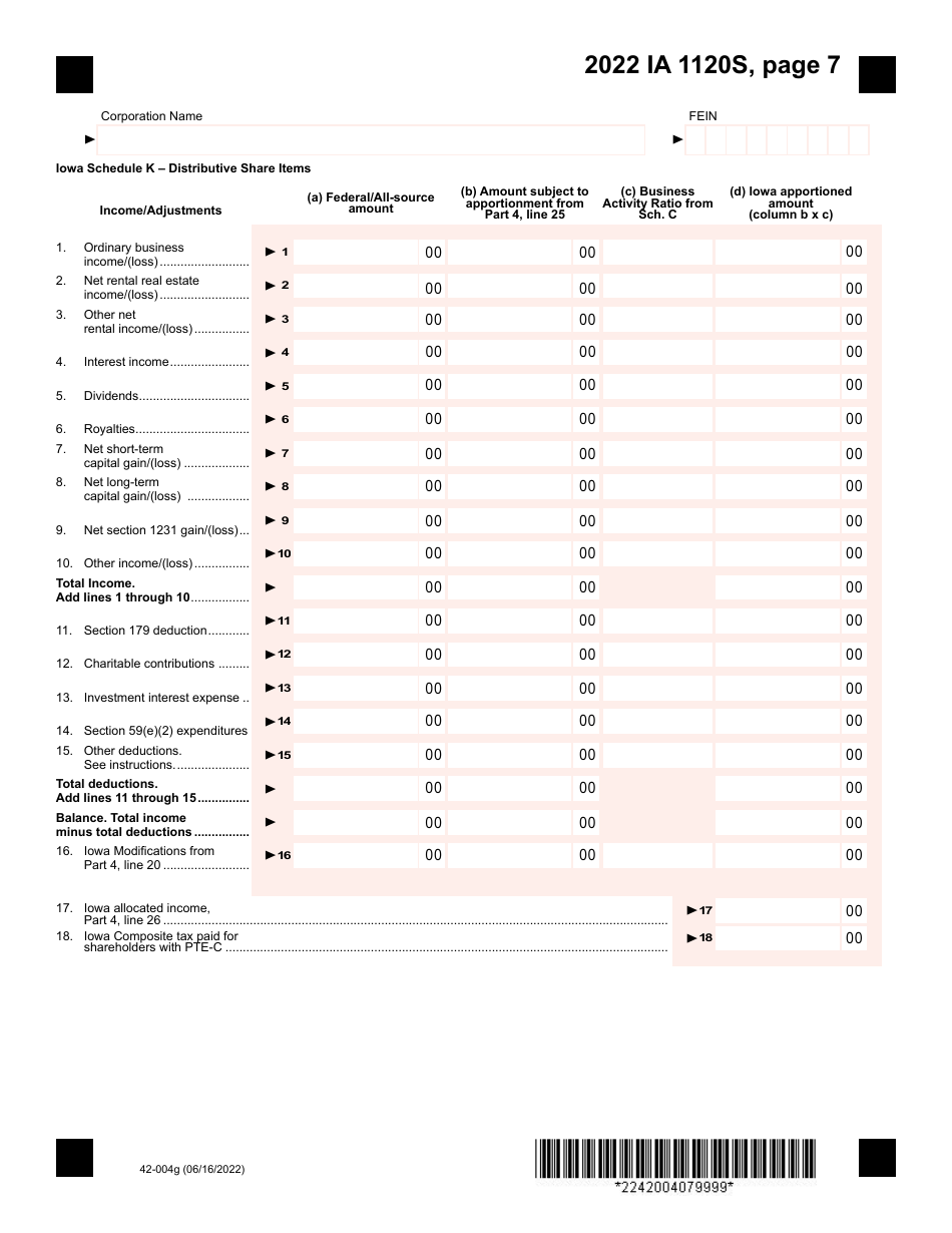 Form IA1120S (42-004) Iowa Income Tax Return for S Corporation - Iowa, Page 7