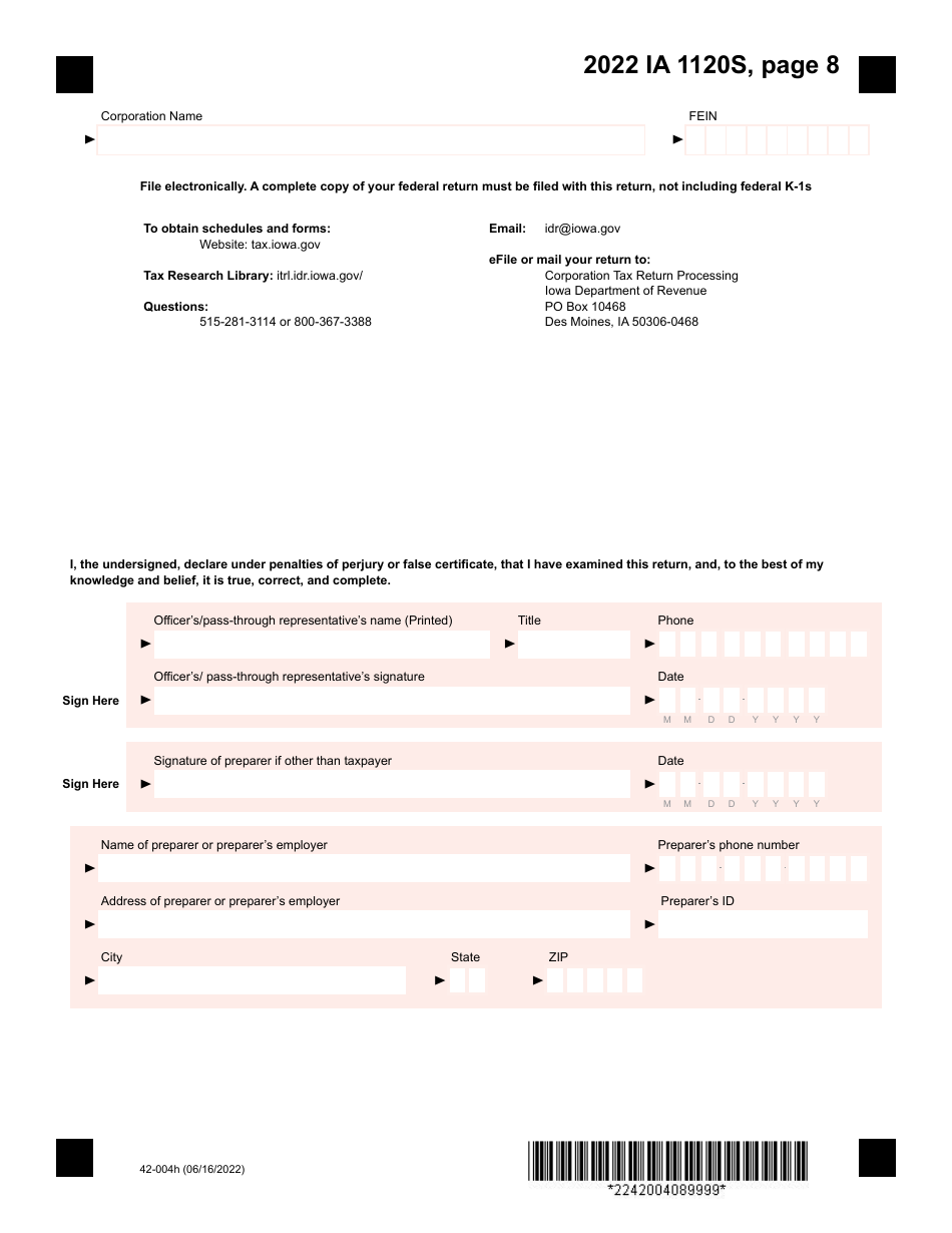 Form IA1120S (42-004) Iowa Income Tax Return for S Corporation - Iowa, Page 8