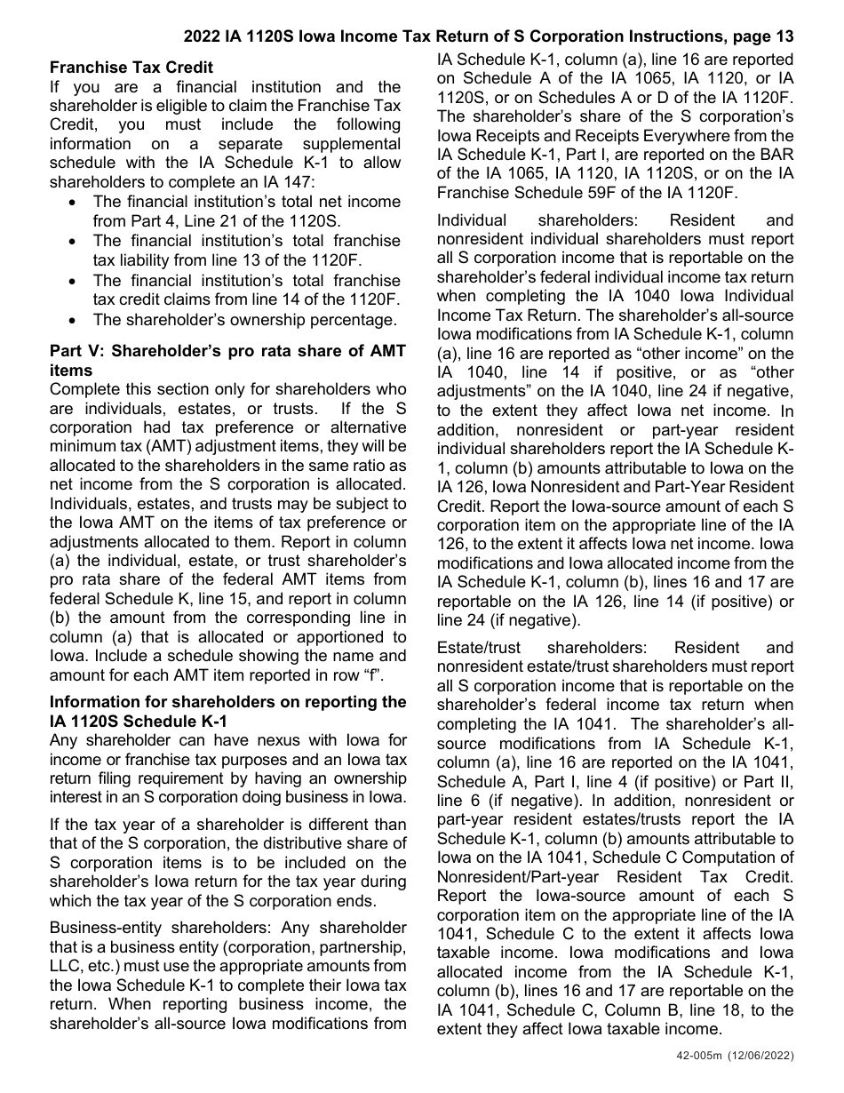 Instructions for Form IA1120S, 42-004, 42-008 Schedule K-1 Iowa Income Tax Return of S Corporation - Iowa, Page 13