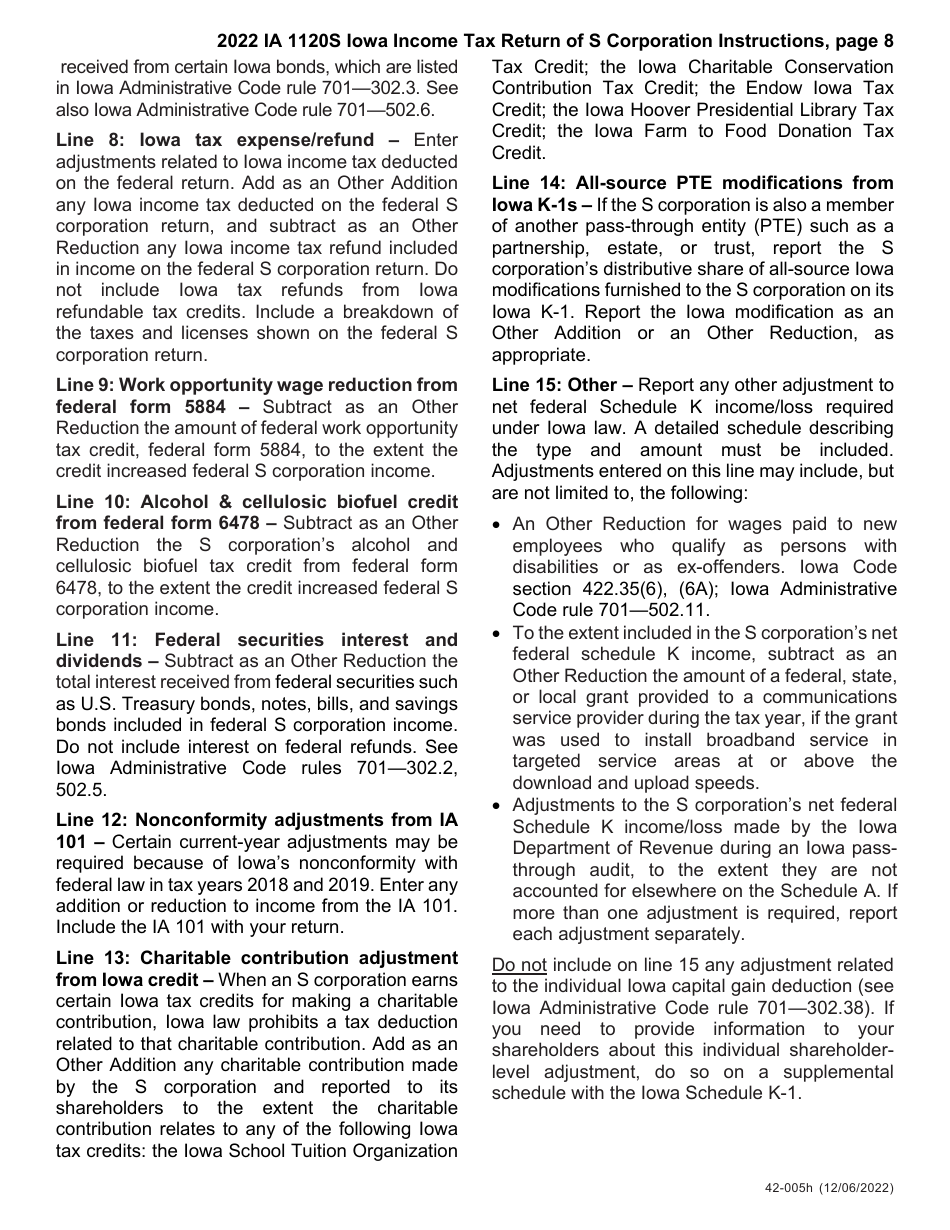 Instructions for Form IA1120S, 42-004, 42-008 Schedule K-1 Iowa Income Tax Return of S Corporation - Iowa, Page 8