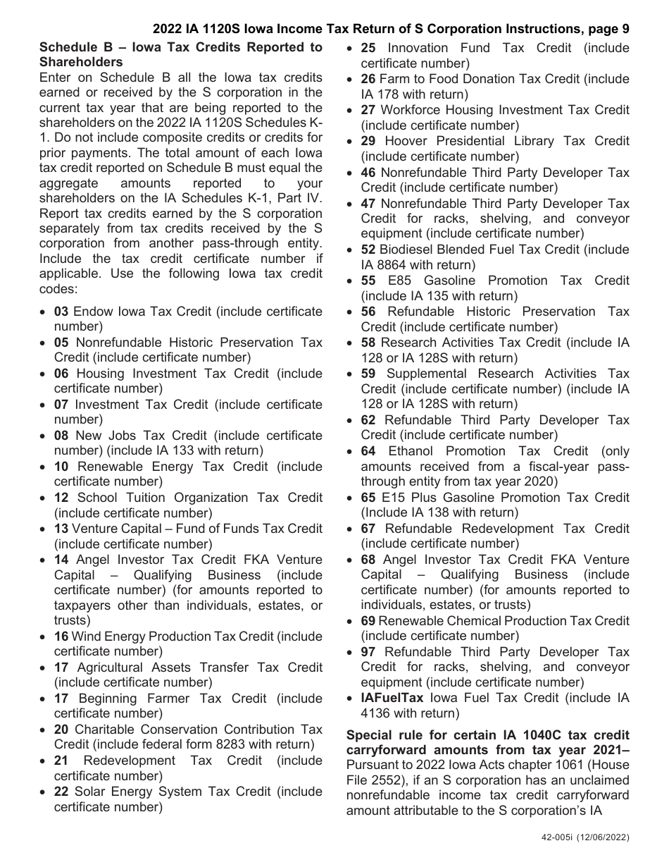 Instructions for Form IA1120S, 42-004, 42-008 Schedule K-1 Iowa Income Tax Return of S Corporation - Iowa, Page 9