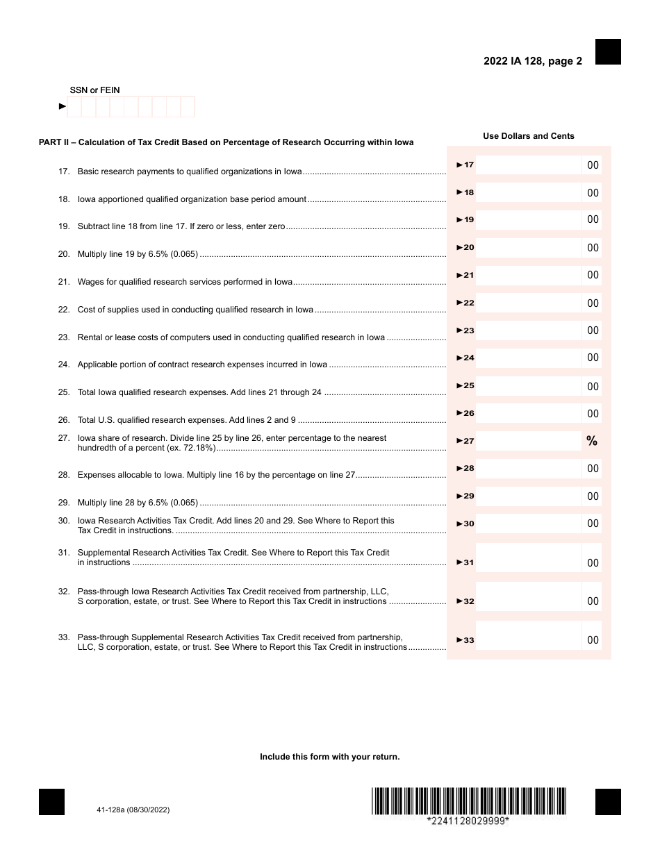Form IA128 (41-128) Iowa Research Activities Tax Credit - Iowa, Page 2