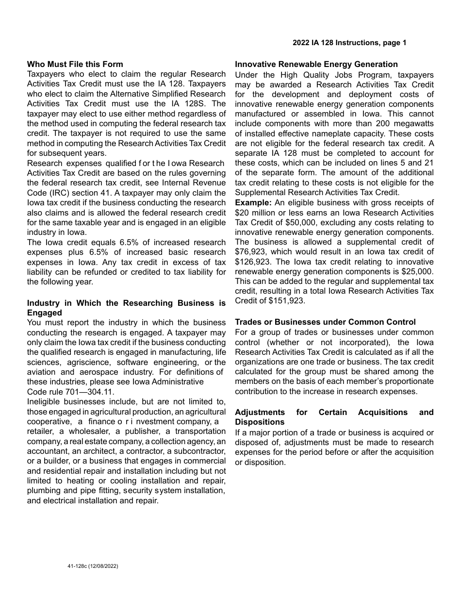 Form IA128 (41-128) Iowa Research Activities Tax Credit - Iowa, Page 3