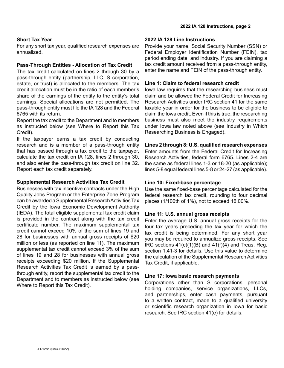 Form IA128 (41-128) Iowa Research Activities Tax Credit - Iowa, Page 4