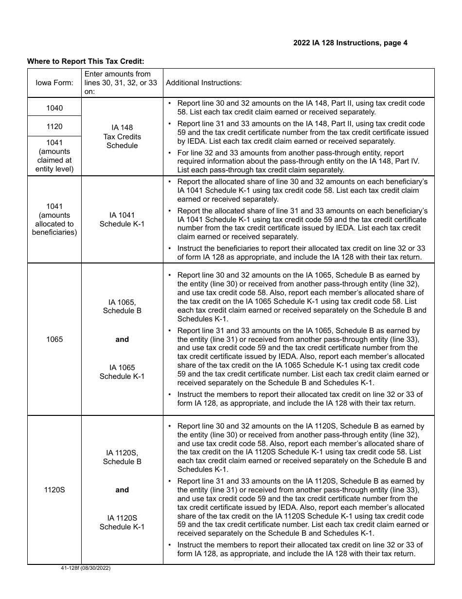 Form IA128 (41-128) Iowa Research Activities Tax Credit - Iowa, Page 6