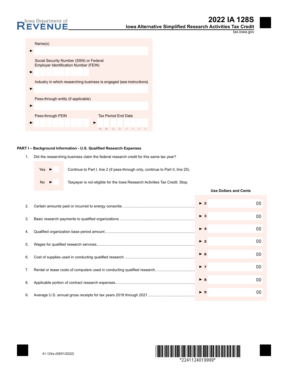Form IA128S (41-124) Iowa Alternative Simplified Research Activities Tax Credit - Iowa, Page 1