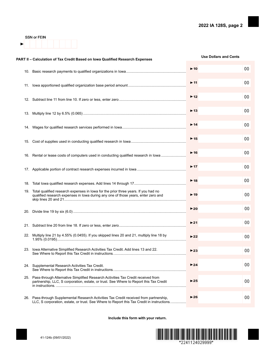 Form IA128S (41-124) Iowa Alternative Simplified Research Activities Tax Credit - Iowa, Page 2