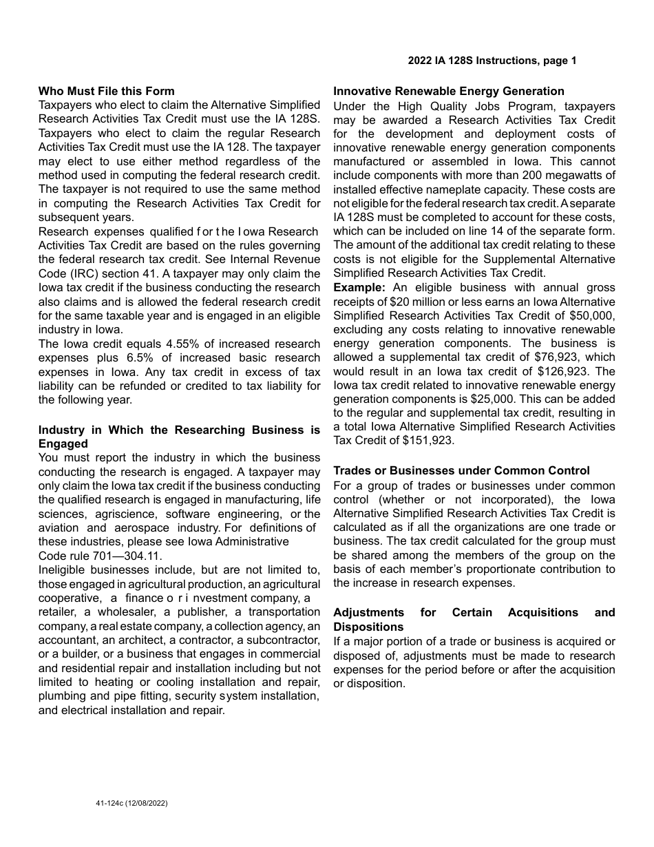 Form IA128S (41-124) Iowa Alternative Simplified Research Activities Tax Credit - Iowa, Page 3