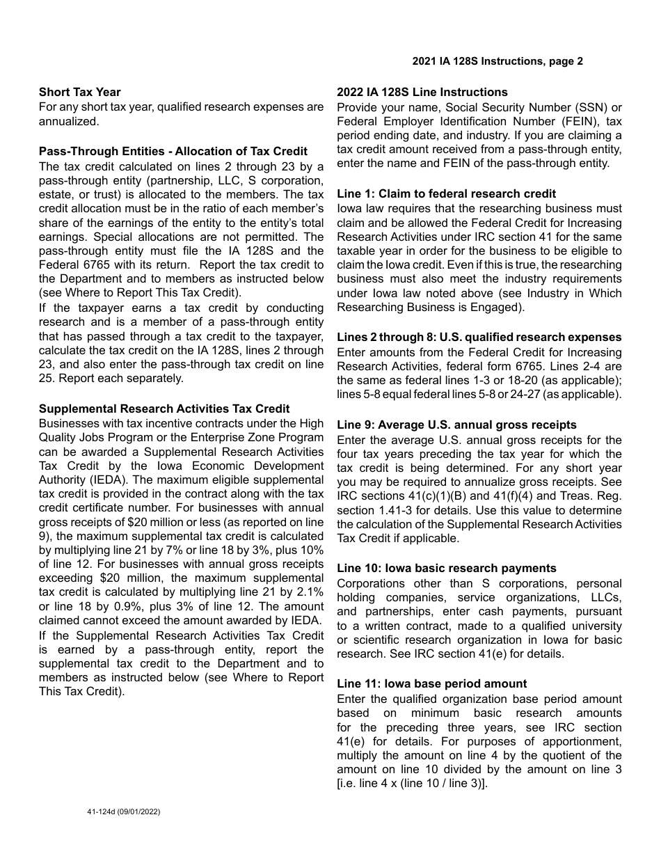 Form IA128S (41-124) Iowa Alternative Simplified Research Activities Tax Credit - Iowa, Page 4
