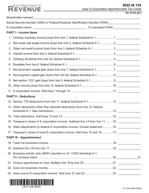 Form IA134 (41-134) 2022 Printable Pdf