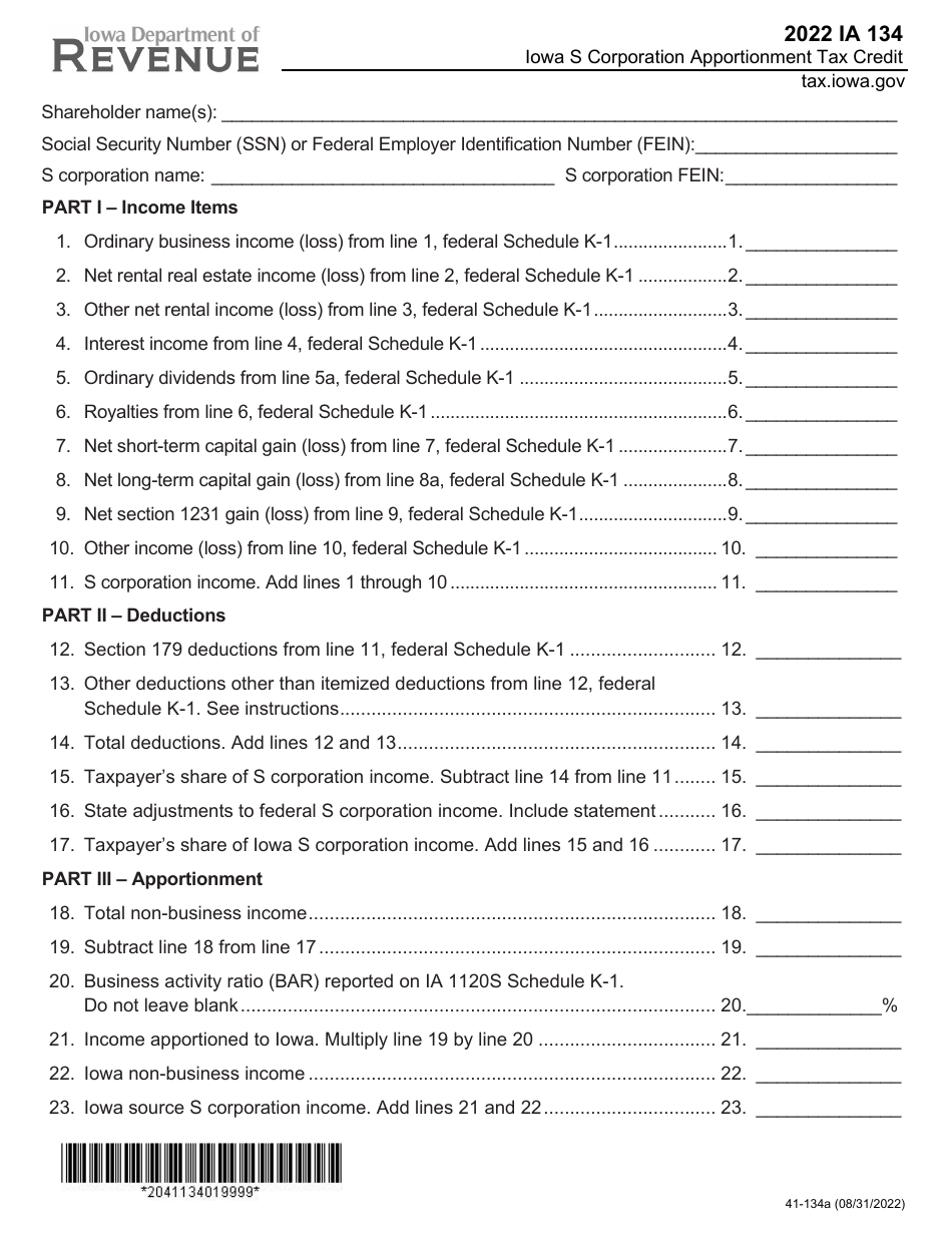 Form IA134 (41-134) S Corporation Apportionment Tax Credit - Iowa, Page 1