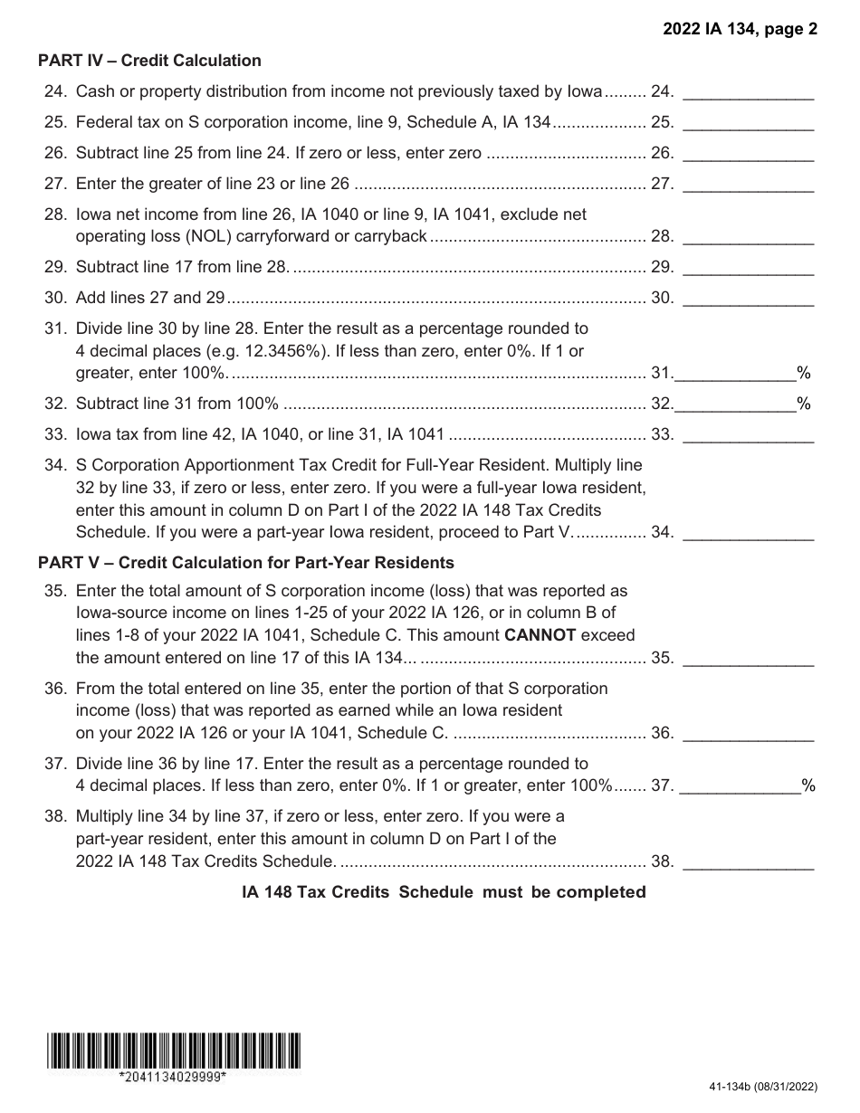 Form IA134 (41-134) S Corporation Apportionment Tax Credit - Iowa, Page 2