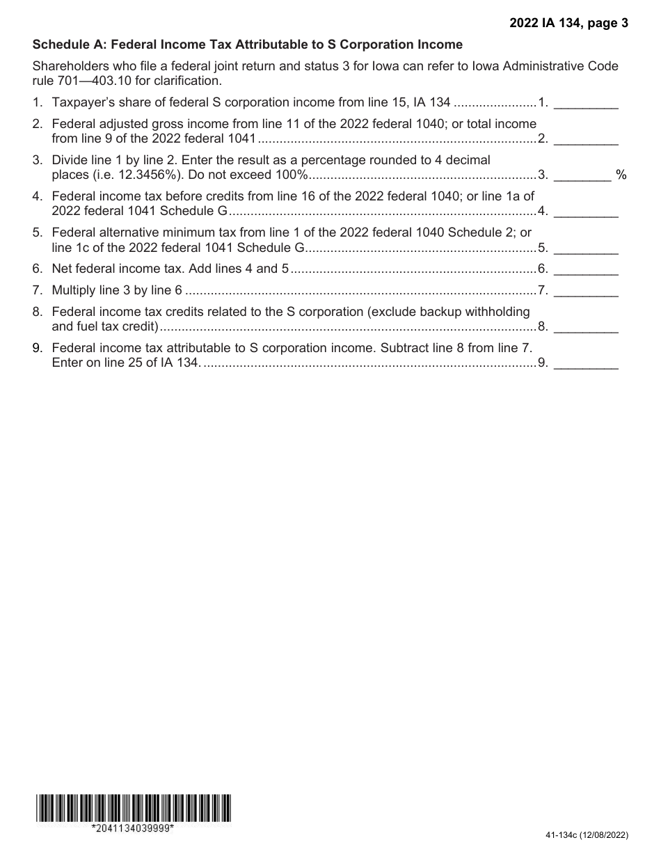 Form IA134 (41-134) S Corporation Apportionment Tax Credit - Iowa, Page 3