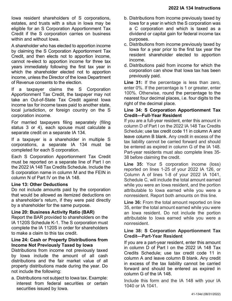Form IA134 (41-134) S Corporation Apportionment Tax Credit - Iowa, Page 4