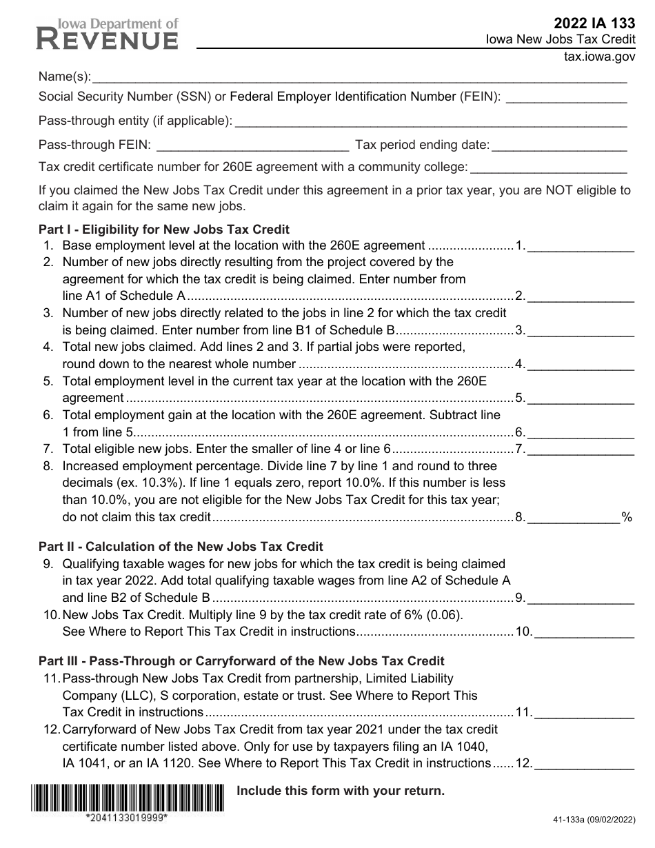 Form IA133 (41-133) Iowa New Jobs Tax Credit - Iowa, Page 1