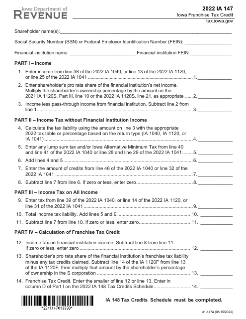 Form IA147 (41-147) Iowa Franchise Tax Credit - Iowa, 2022